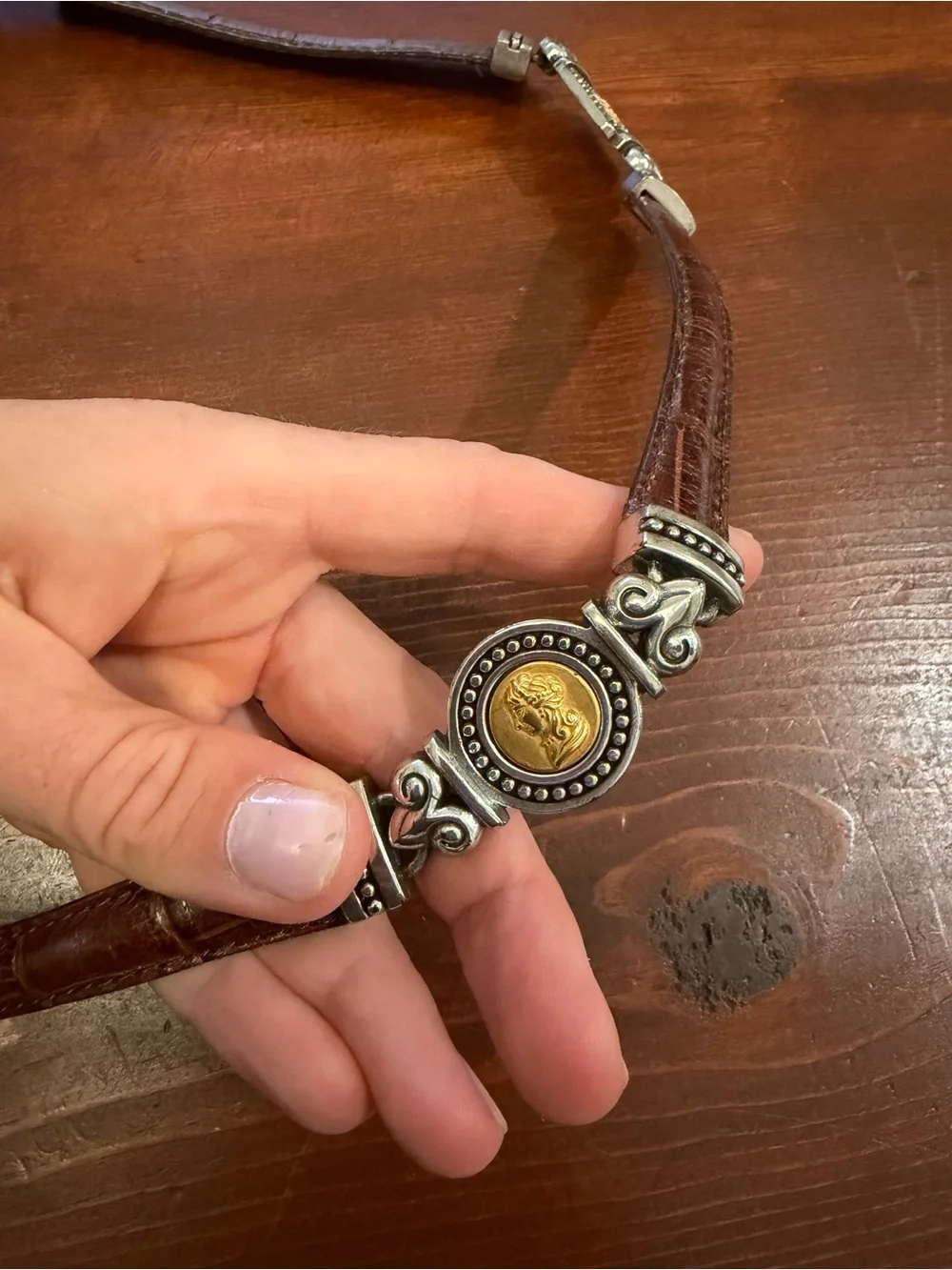 1996 Branded metal and leather accent belt